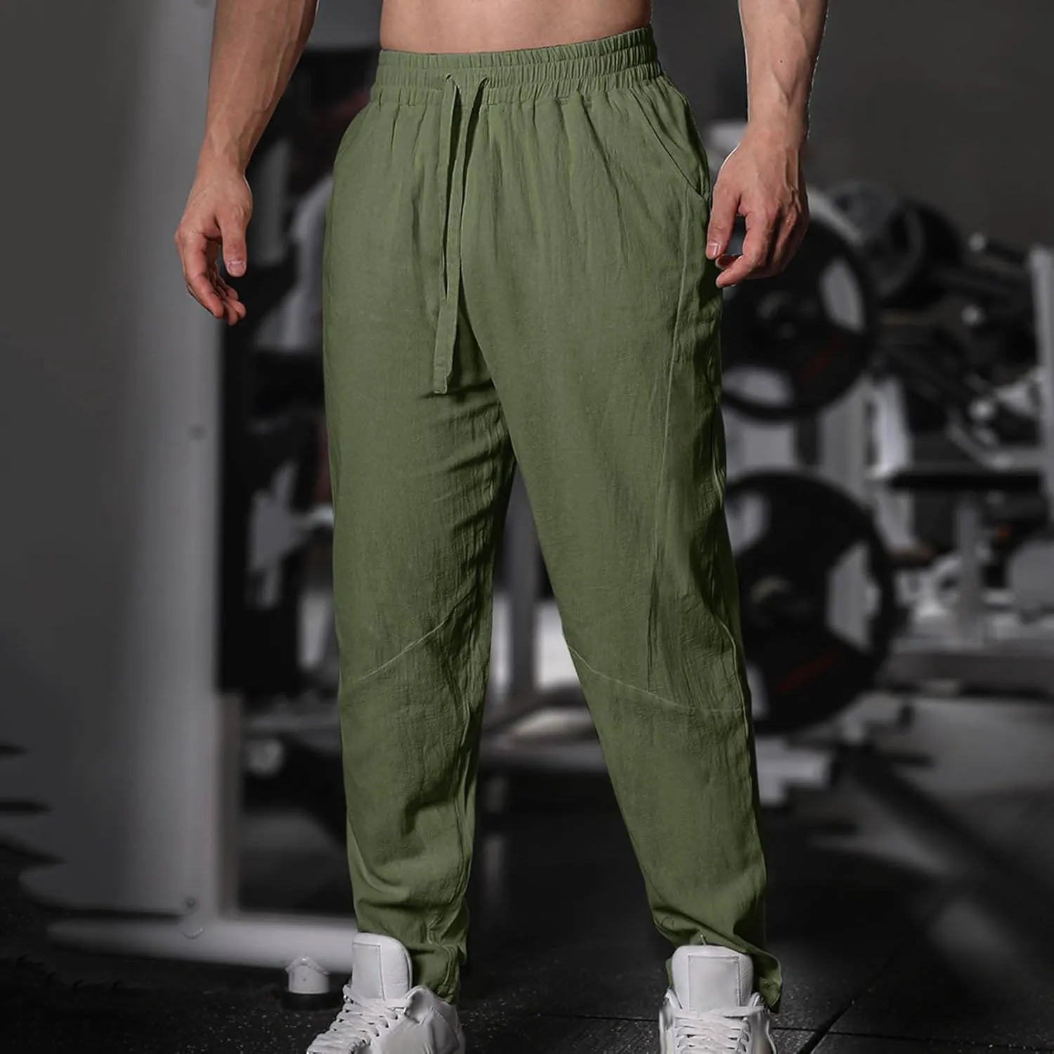 Mens Cotton Linen Pants Solid Fashion Elastic Waist Drawstring Tapered Pant Casual Vintage Hip Hop Harem Trouser