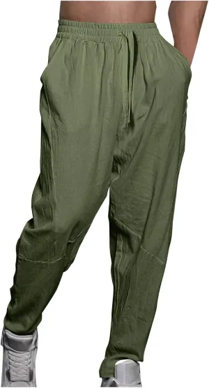 Mens Cotton Linen Pants Solid Fashion Elastic Waist Drawstring Tapered Pant Casual Vintage Hip Hop Harem Trouser