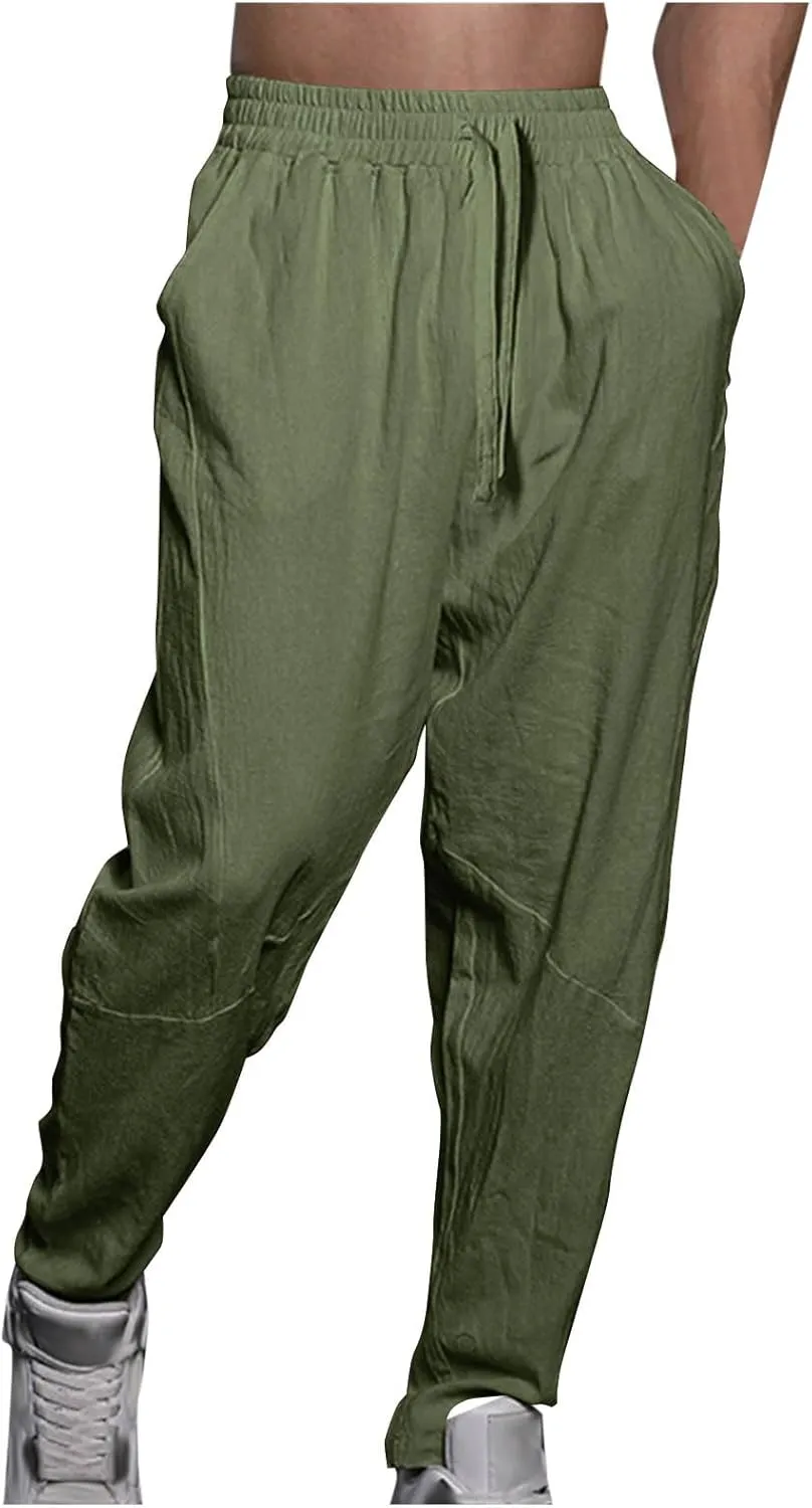 Mens Cotton Linen Pants Solid Fashion Elastic Waist Drawstring Tapered Pant Casual Vintage Hip Hop Harem Trouser