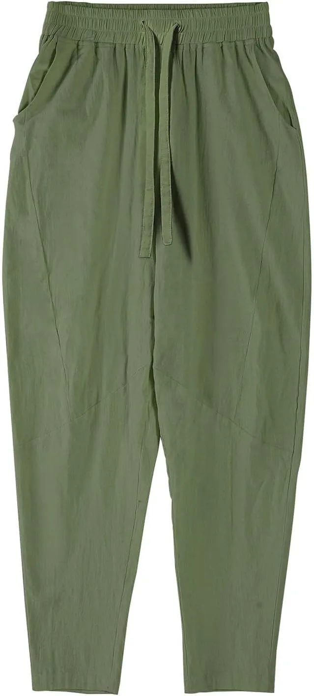 Mens Cotton Linen Pants Solid Fashion Elastic Waist Drawstring Tapered Pant Casual Vintage Hip Hop Harem Trouser