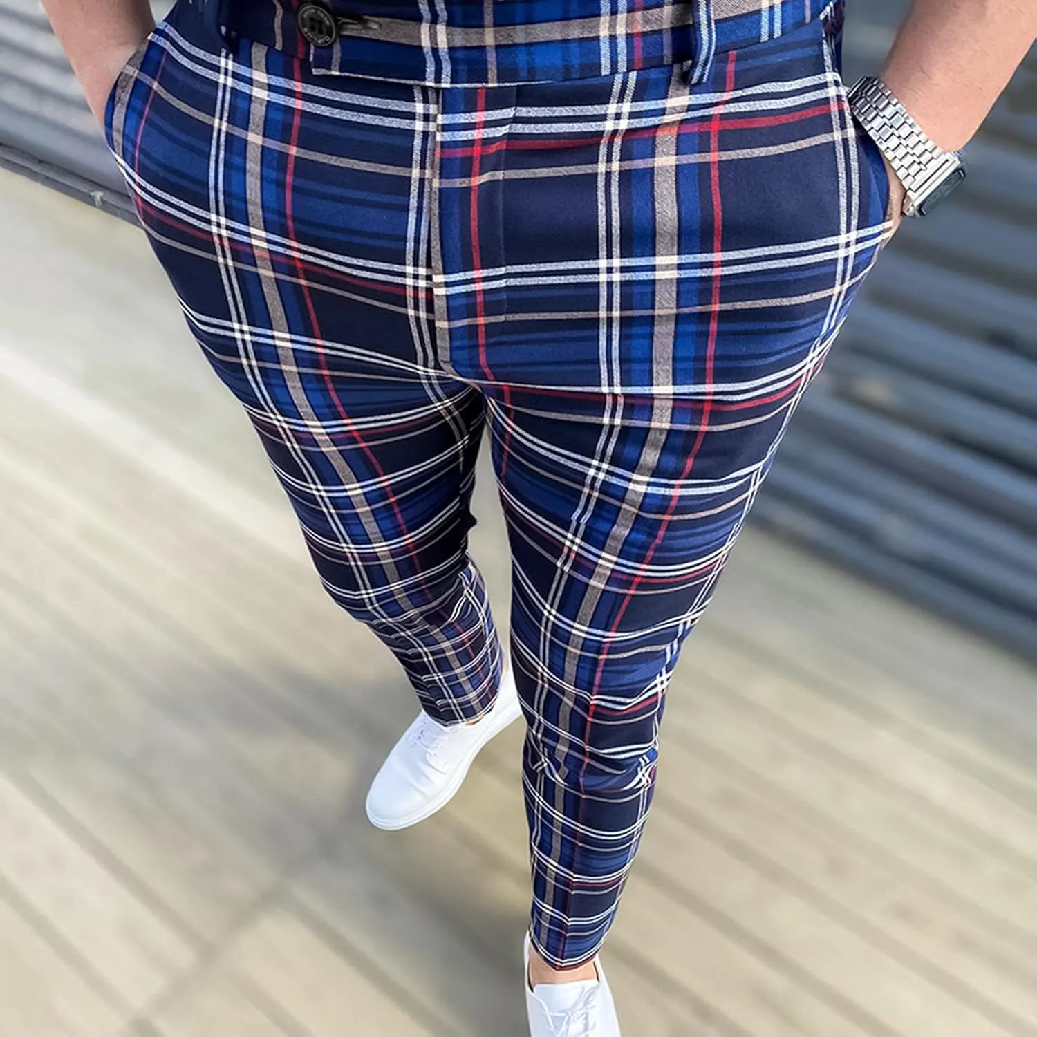 Mens Dress Pants, Mens Plaid Stretch Dress Pants Slim Fit Skinny Chino Pants Tapered Business Casual Pencil Pants