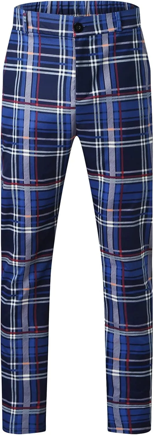 Mens Dress Pants, Mens Plaid Stretch Dress Pants Slim Fit Skinny Chino Pants Tapered Business Casual Pencil Pants