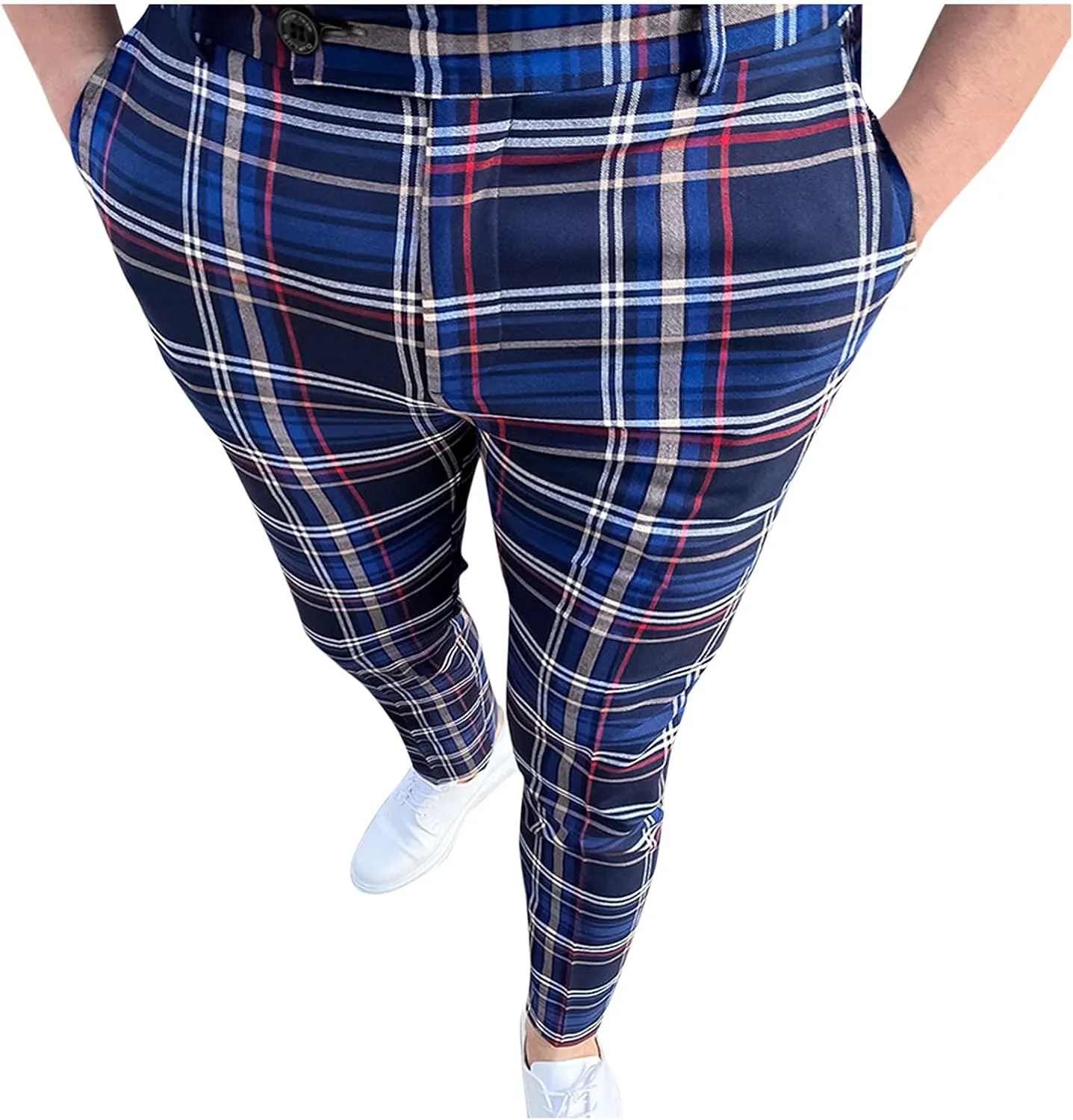 Mens Dress Pants, Mens Plaid Stretch Dress Pants Slim Fit Skinny Chino Pants Tapered Business Casual Pencil Pants