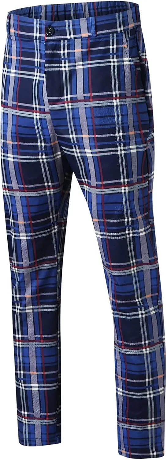 Mens Dress Pants, Mens Plaid Stretch Dress Pants Slim Fit Skinny Chino Pants Tapered Business Casual Pencil Pants