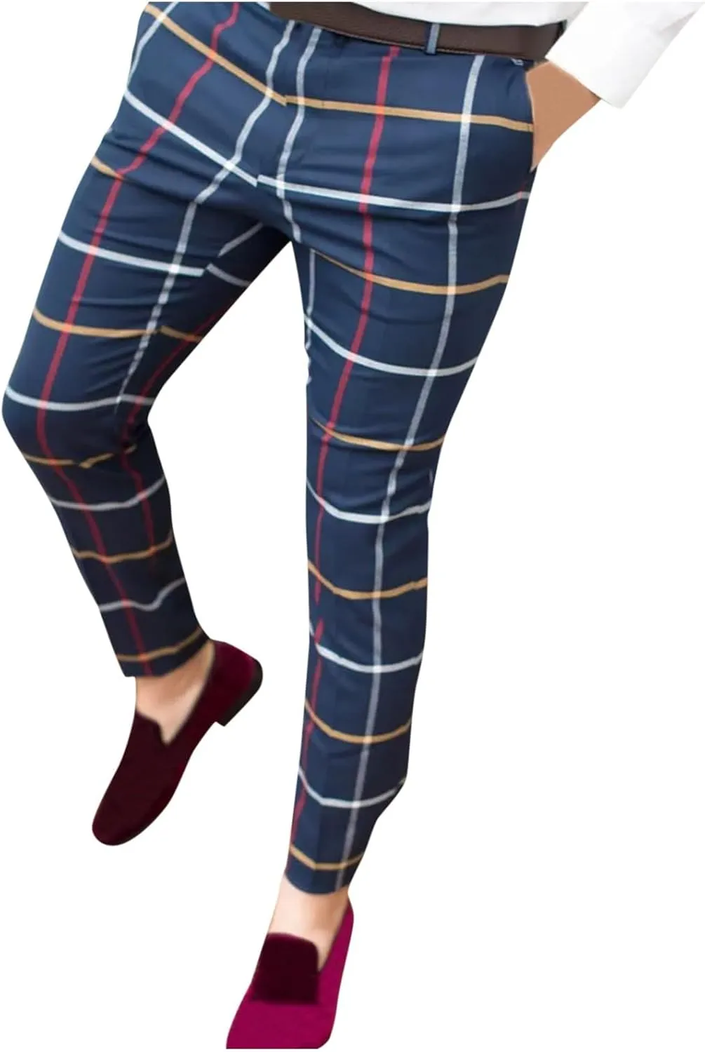 Mens Dress Pants Plaid Skinny Slim Fit Dress Pants Casual Work Business Fashion Golf Pencil Pants Stretch Tapered Suit Pants