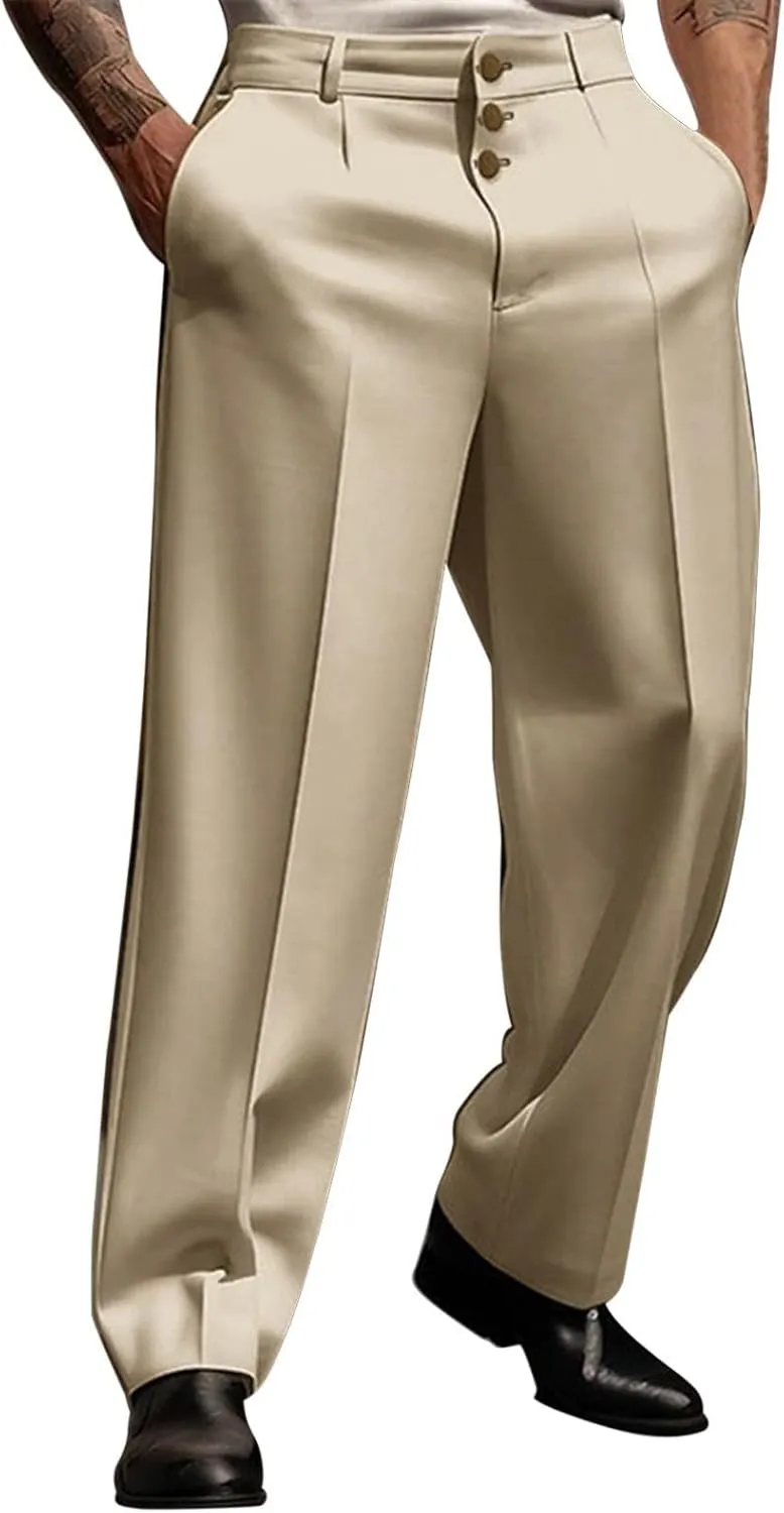 Mens Dress Pants Wide Leg Pleat Front Suit Pants High Waisted Button Zipper Fly Trousers Comfy Business Work Clothes