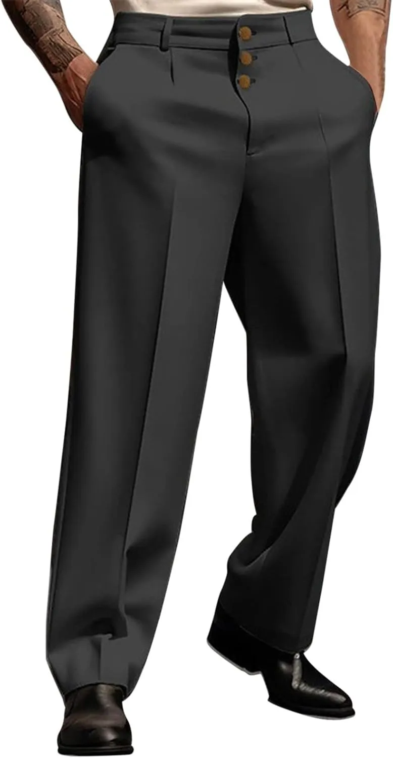 Mens Dress Pants Wide Leg Pleat Front Suit Pants High Waisted Button Zipper Fly Trousers Comfy Business Work Clothes