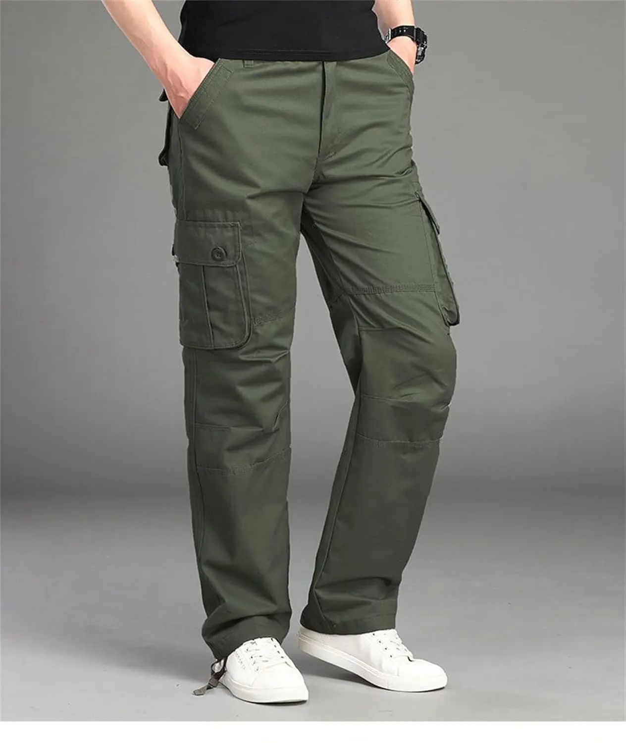 Men's Elastic Waist Cargo Pants,Casual Loose Fit Lightweight Workwear Pants Relaxed Fit Work Trousers with 6 Pockets (X-Large,Green)
