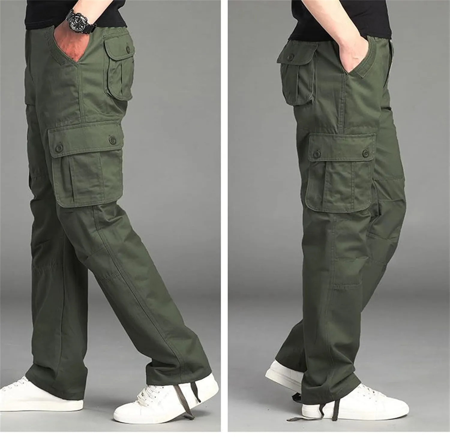 Men's Elastic Waist Cargo Pants,Casual Loose Fit Lightweight Workwear Pants Relaxed Fit Work Trousers with 6 Pockets (X-Large,Green)