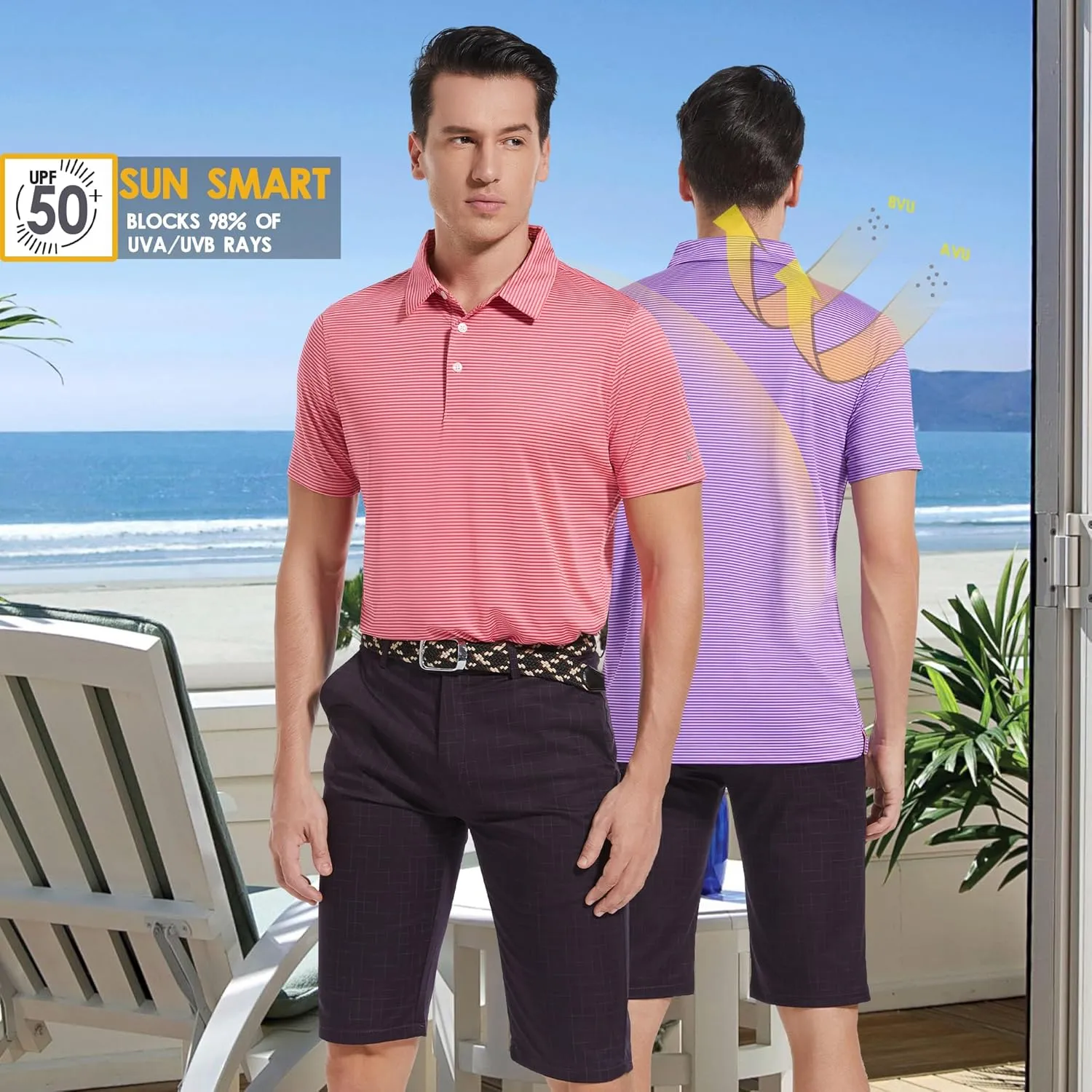 Mens Golf Polo Shirt Moisture Wicking Dry Fit Performance Athletic Short Sleeve Striped Golf Shirts for Men