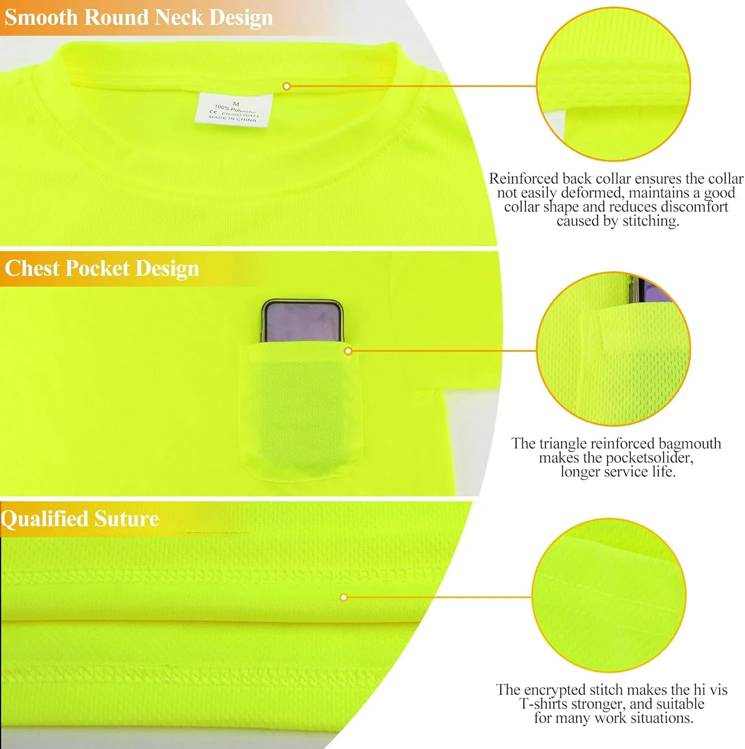 Mens High Visibility Safety Short Sleeve T-Shirt with Pocket Moisture Wicking Shirts,Multipack