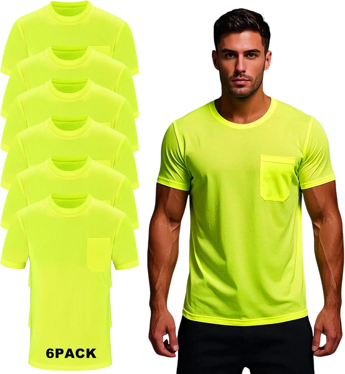 Mens High Visibility Safety Short Sleeve T-Shirt with Pocket Moisture Wicking Shirts,Multipack