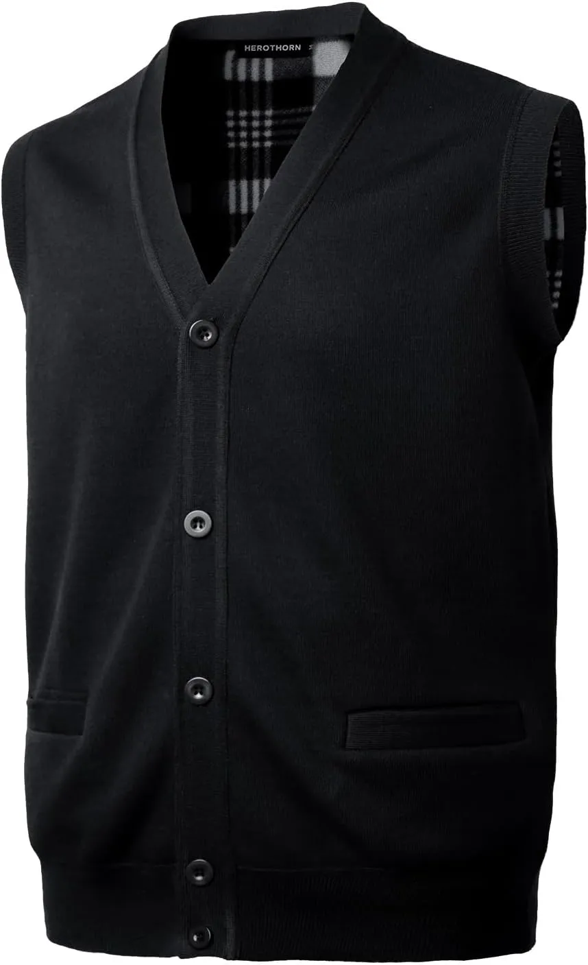 Men's Knitted Sweater Vest Fleece Lined Sleeveless Cardigan V Neck Button Down Knitwear with Pockets for Winter