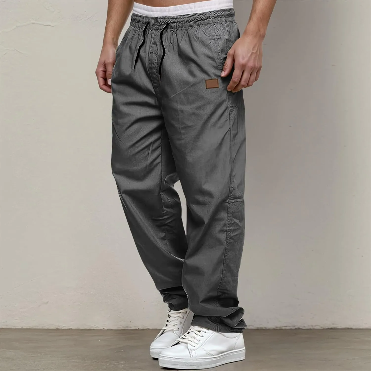 Men's Lightweight Hiking Pants Loose Casual Straight Leg Breathable Cargo Pants, Drawstring Elastic Waist Pant Pocket