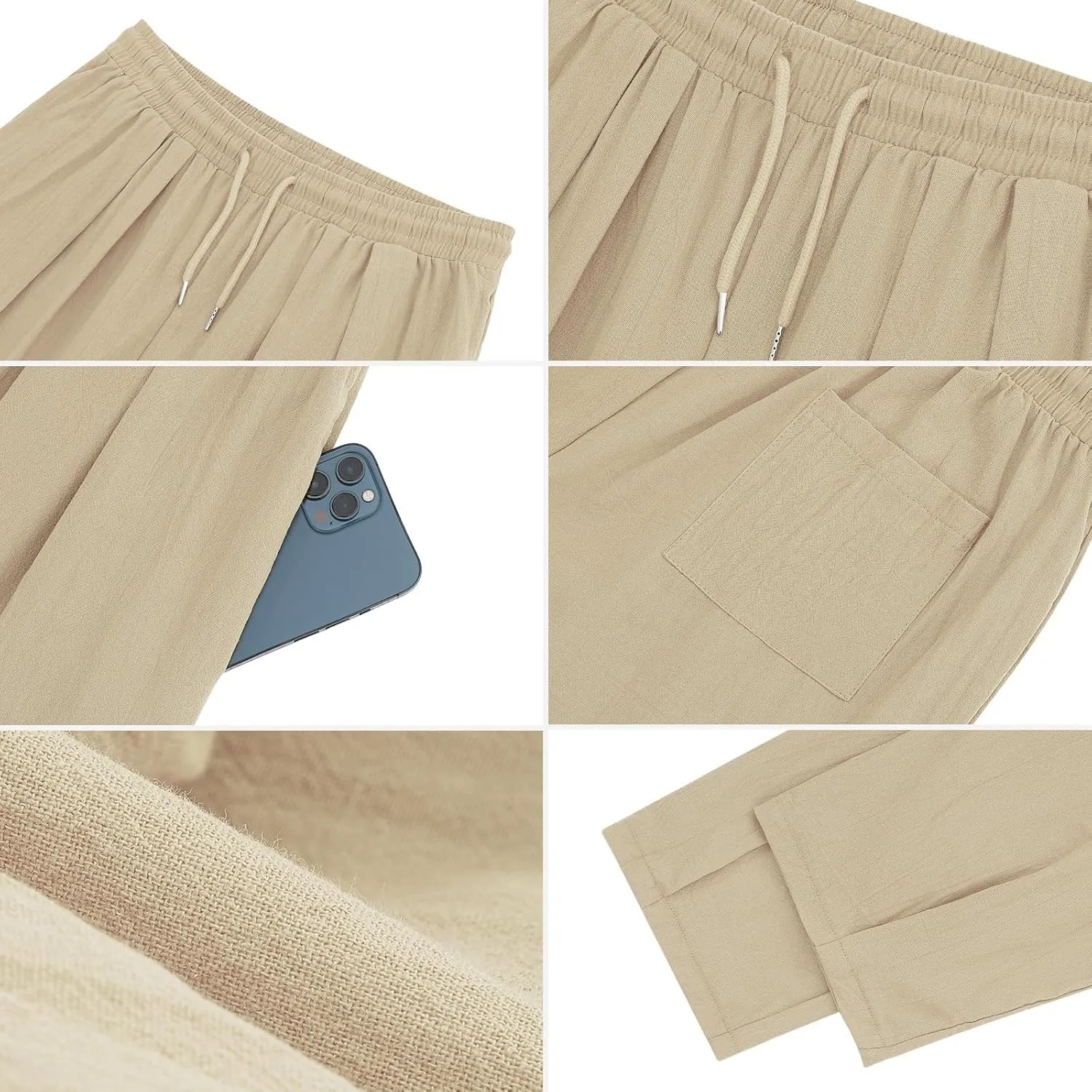 Men's Linen Pants Casual Drawstring Beach Pants Stretch Waist Summer Pants Lightweight Trouser with Pockets