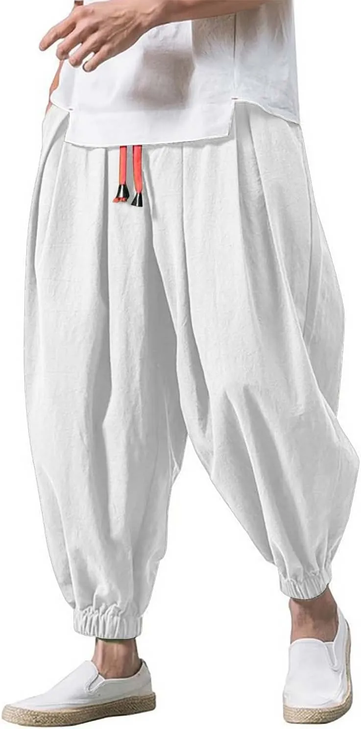 Mens Parachute Pants Baggy Linen Pants Drop Crotch Harem Pants Drawstring Joggers Trousers Hippie Pants Pirate Pants