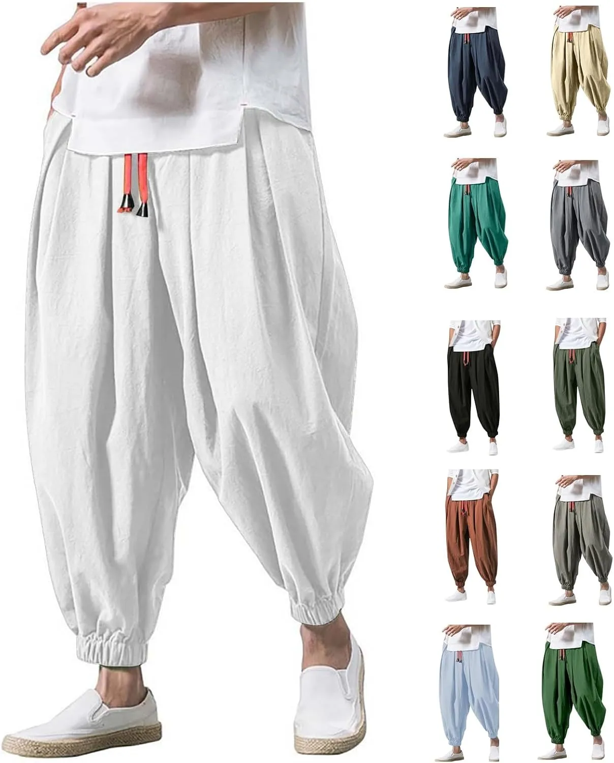 Mens Parachute Pants Baggy Linen Pants Drop Crotch Harem Pants Drawstring Joggers Trousers Hippie Pants Pirate Pants
