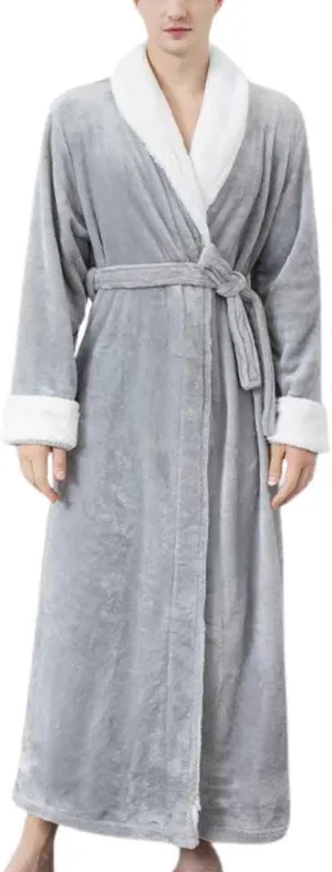 Mens Plush Bathrobe Flannel Sleepwear Full Length Pajama Robe Loungewear Winter Warm Nightgown Solid Color Nightwear