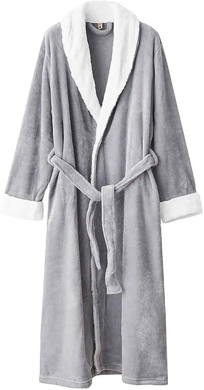 Mens Plush Bathrobe Flannel Sleepwear Full Length Pajama Robe Loungewear Winter Warm Nightgown Solid Color Nightwear