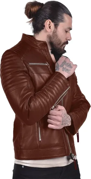 Mens Quilted Motorcycle Black Leather Jacket Genuine Sheepskin Biker Jackets Real Leather Jackets For Men