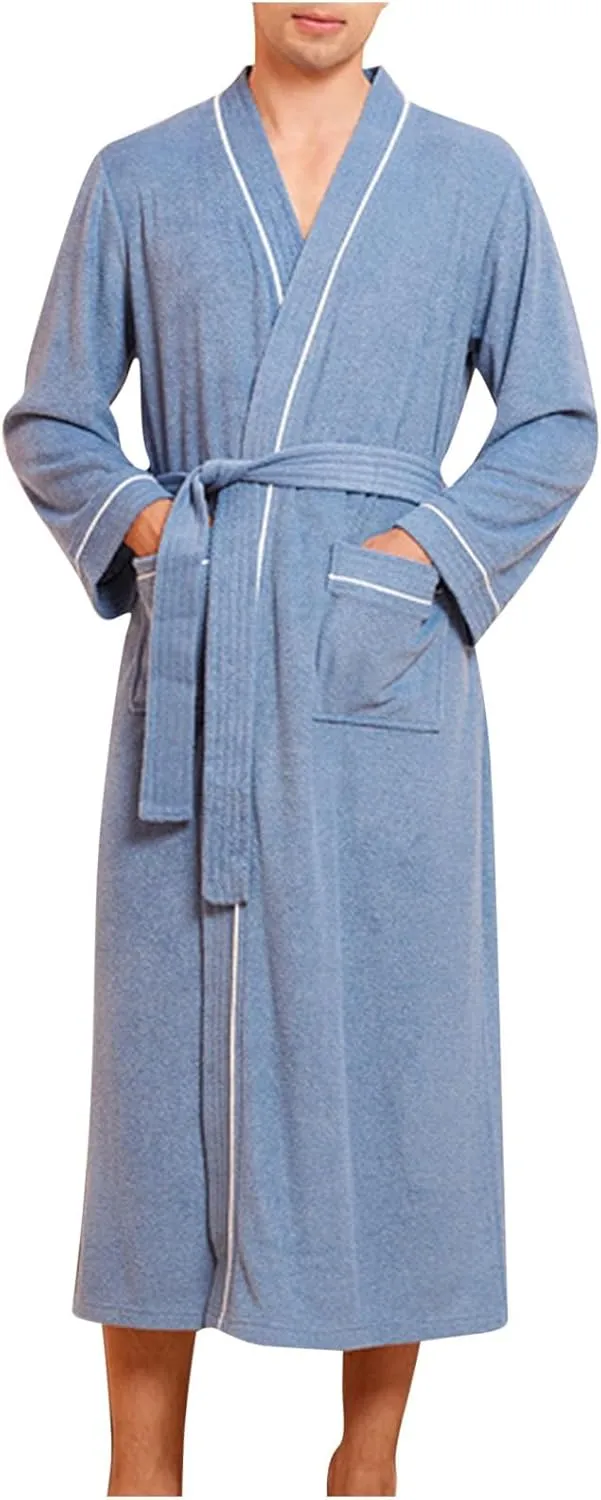 Mens Robes Loose Lightweight Long Sleeve Bathrobe Soft Knit Spa Kimono Robe Pajamas with Pockets for Home Vacation