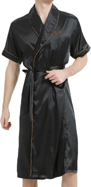 Mens Silk Satin Bathrobe Silky Lightweight Robe Turndown Collar Pajama Tie Straps Nightgown Short Sleeves Sleepwear