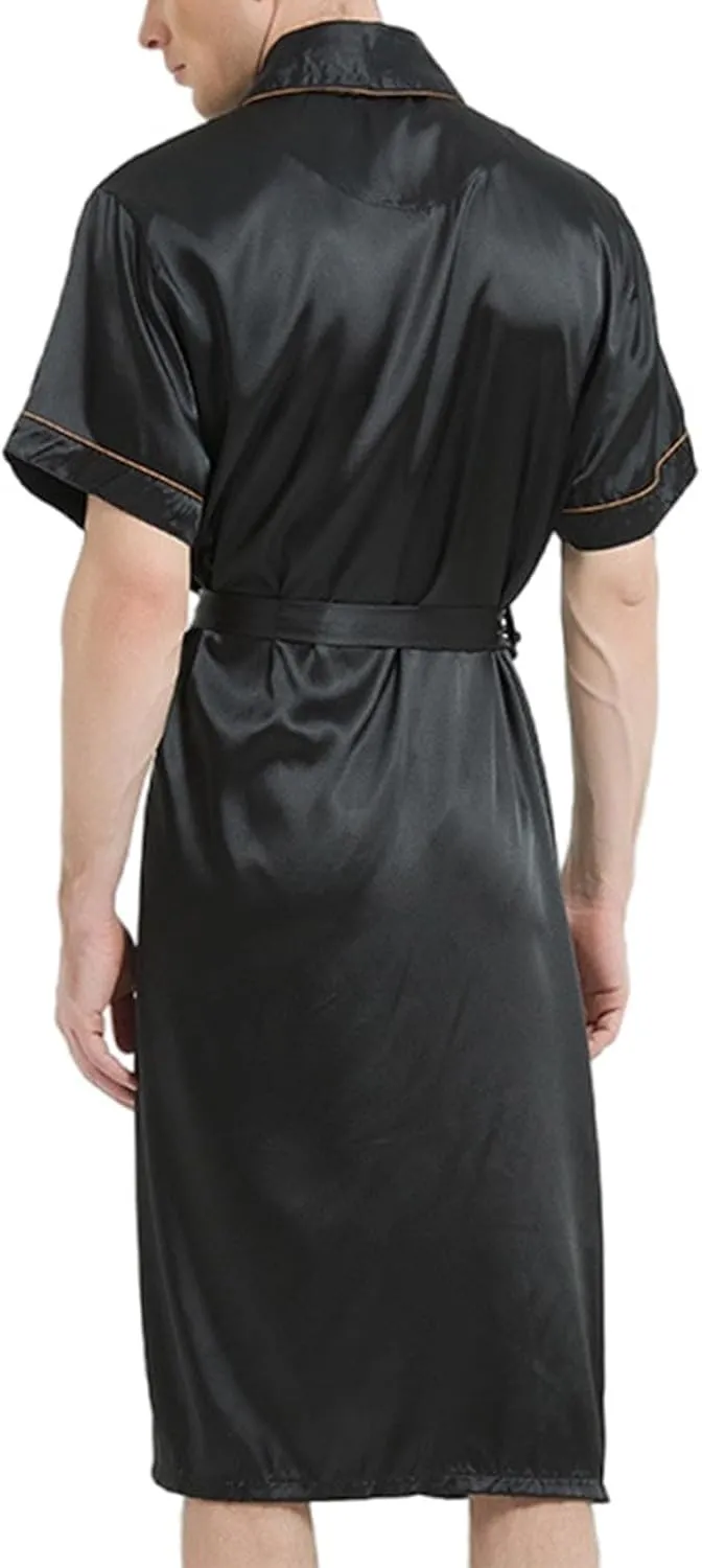 Mens Silk Satin Bathrobe Silky Lightweight Robe Turndown Collar Pajama Tie Straps Nightgown Short Sleeves Sleepwear