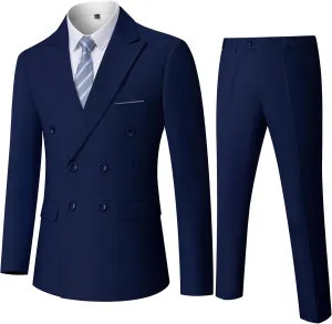 Men's Slim Fit 2-Piece Suit with Stretch Fabric, Double-Breasted Blazer Pants for Party, Business and Wedding