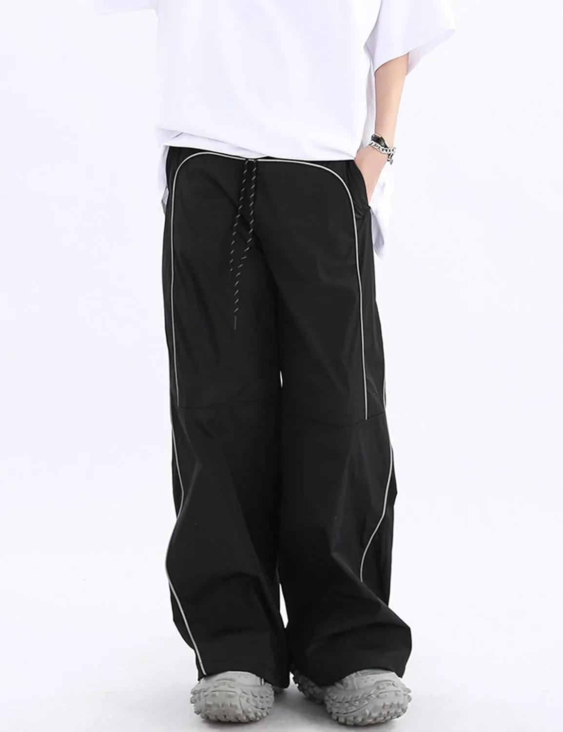 Men's Stripes Track Pants Y2k Baggy Parachute Pants Vintage Wide Leg Drawstring Jogger Pants