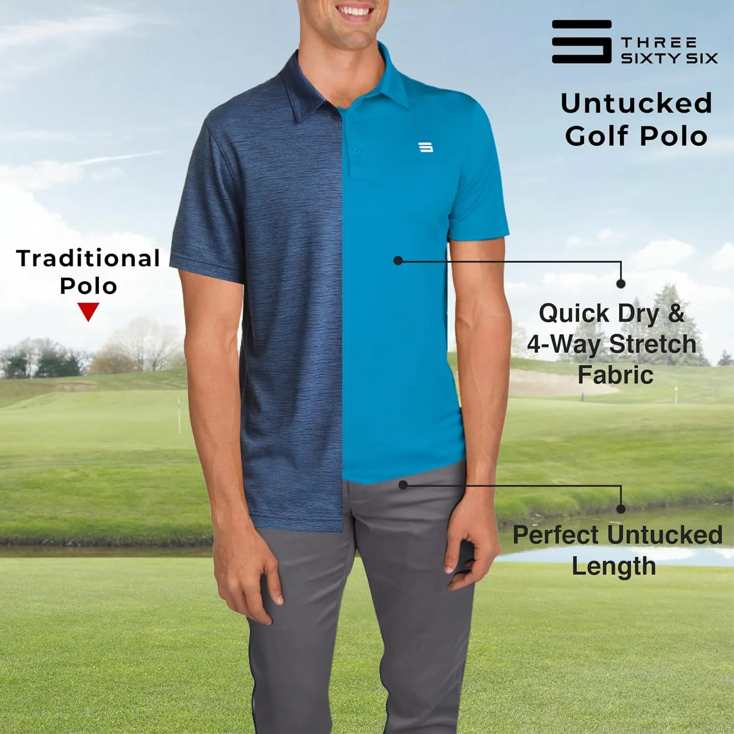 Mens Untucked Golf Polo Shirts - The Perfect Length, Quick Dry, 4-Way Stretch Fabric. Moisture Wicking, UPF 50  Protection