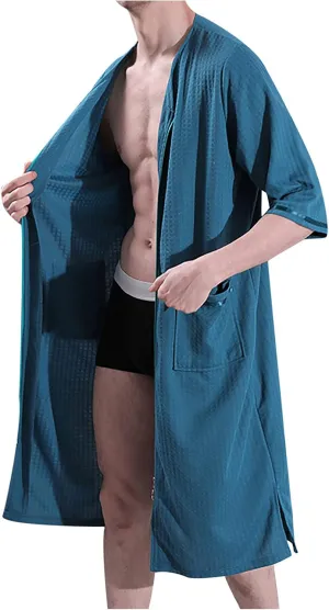 Men's Waffle Robe Lightweight Quick Dry Knee Length Kimono Bathrobe Couple Nightgown Shower Spa Robe with Pockets