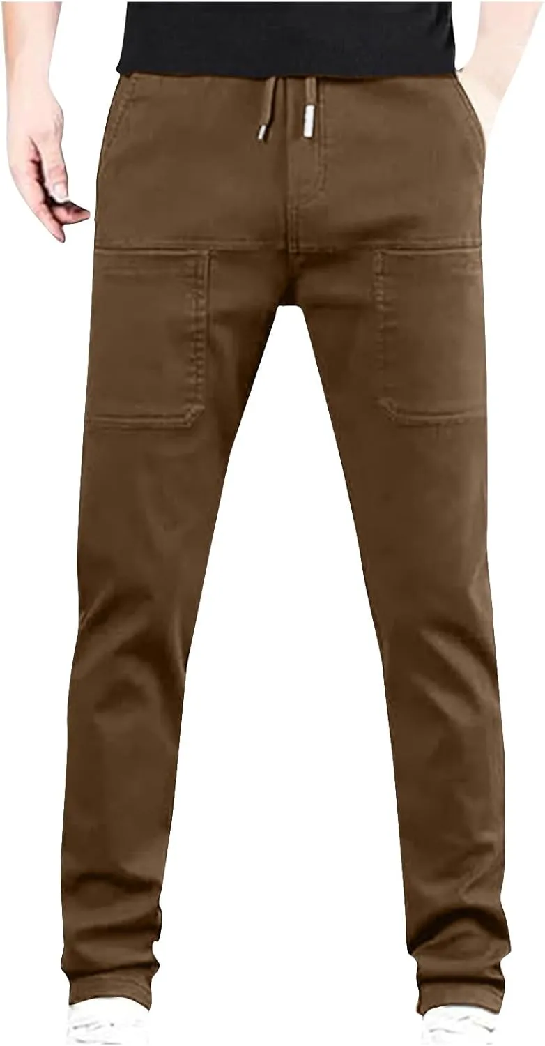 Men's Waterproof Cargo Pants Outdoor Running Hiking Elastic Waist Trousers Plus Size Drawstring Pants with Pockets