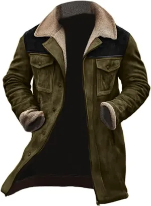 Men's Winter Vintage Suede Jacket with Plush Collar Retro Patchwork Reversed Collar Outdoor Coat Long Work Jackets