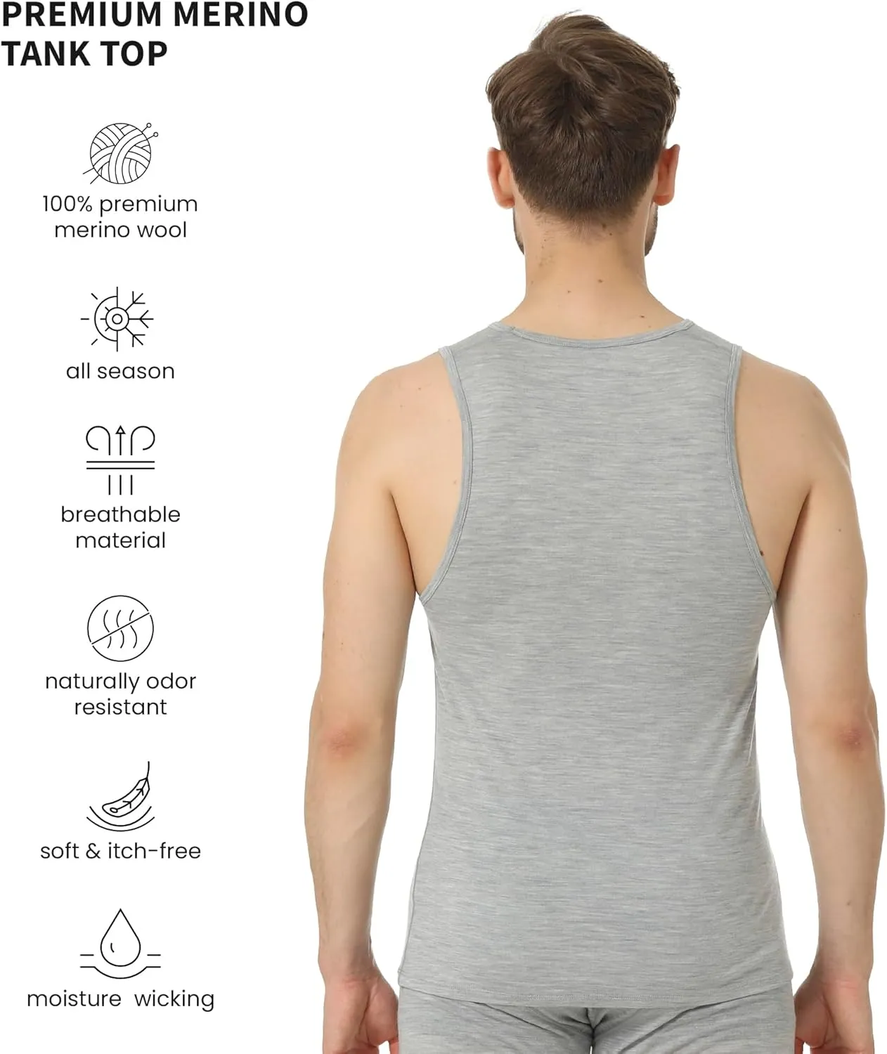 Merino Wool Tank Top Men - Active Merino Wool Undershirt Moisture Wicking Breathable Anti-Odor Lightweight Base Layer