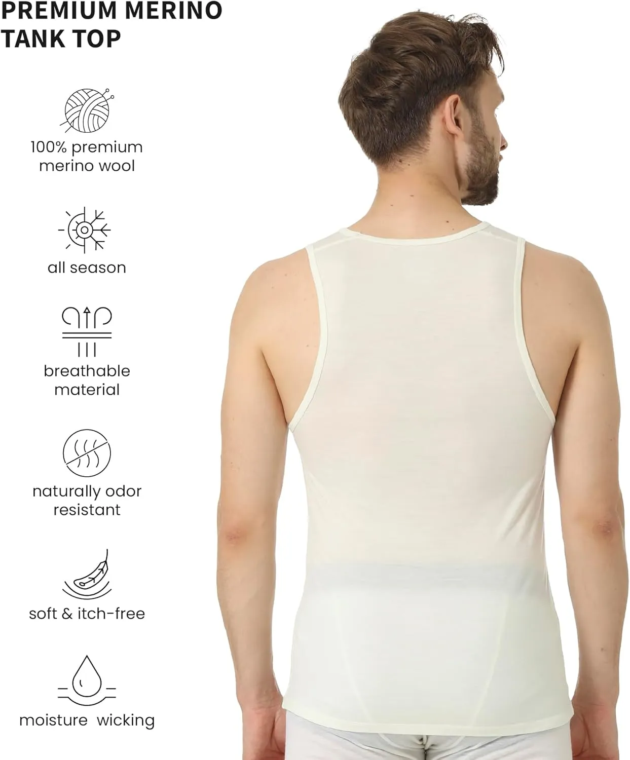 Merino Wool Tank Top Men - Active Merino Wool Undershirt Moisture Wicking Breathable Anti-Odor Lightweight Base Layer