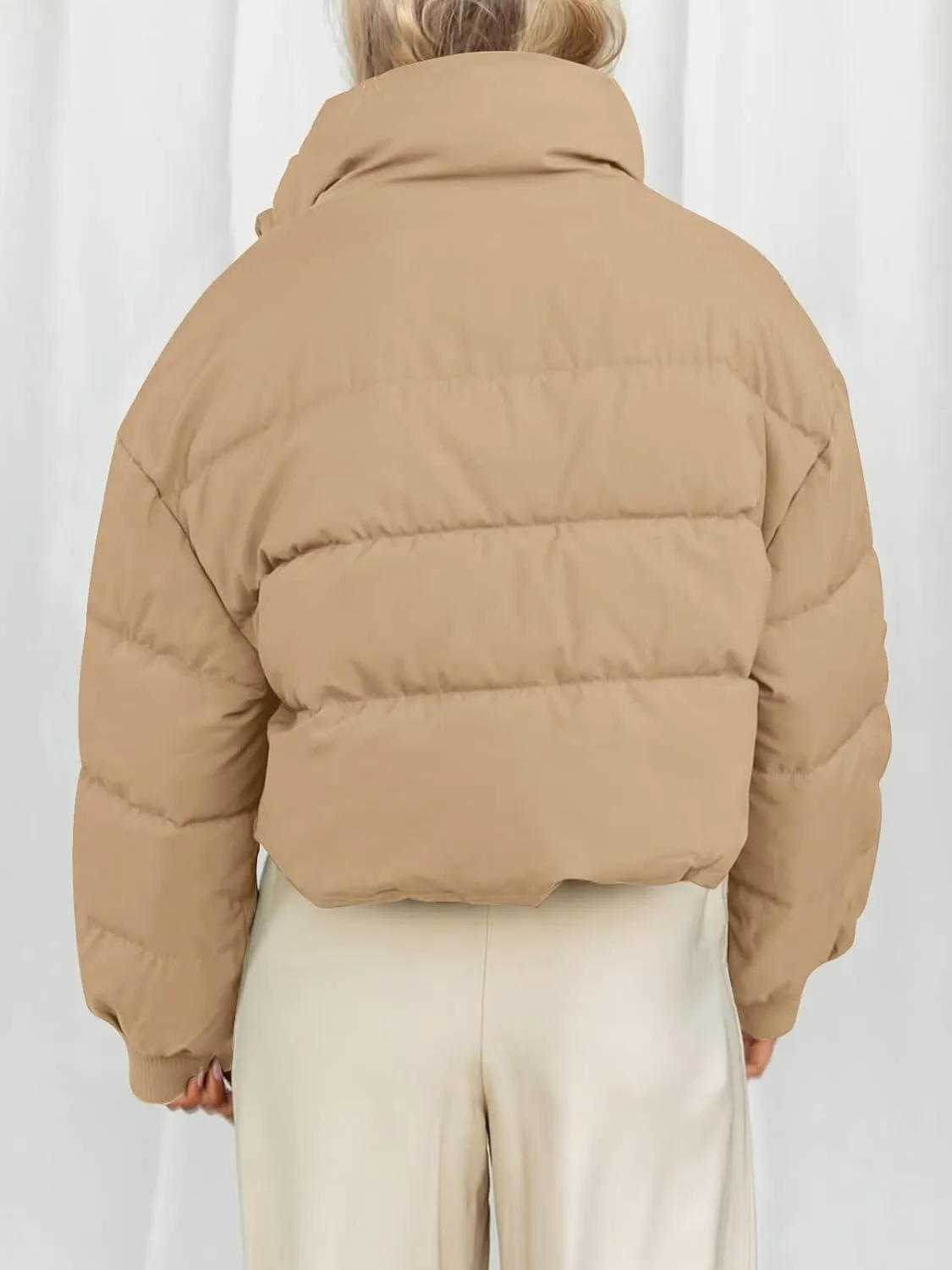MEROKEETY Women's Winter Cropped Puffer Jacket Long Sleeve Oversized Stand Collar Zip-Up Short Coat