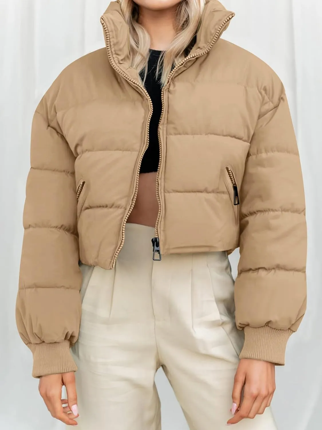 MEROKEETY Women's Winter Cropped Puffer Jacket Long Sleeve Oversized Stand Collar Zip-Up Short Coat
