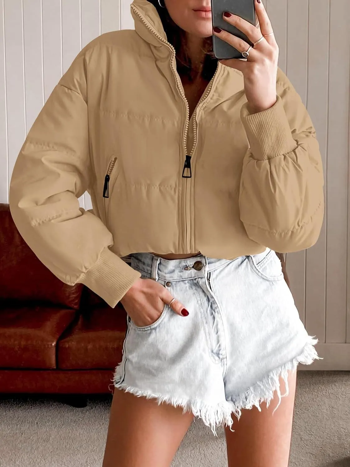 MEROKEETY Women's Winter Cropped Puffer Jacket Long Sleeve Oversized Stand Collar Zip-Up Short Coat