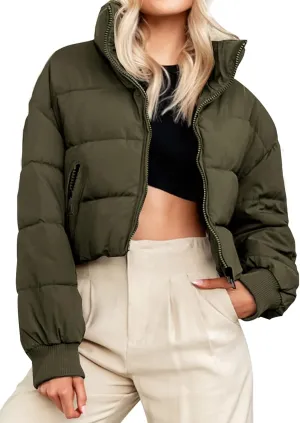 MEROKEETY Women's Winter Cropped Puffer Jacket Long Sleeve Oversized Stand Collar Zip-Up Short Coat