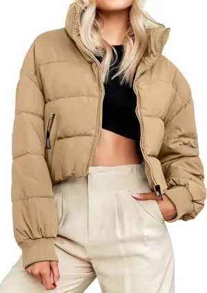 MEROKEETY Women's Winter Cropped Puffer Jacket Long Sleeve Oversized Stand Collar Zip-Up Short Coat