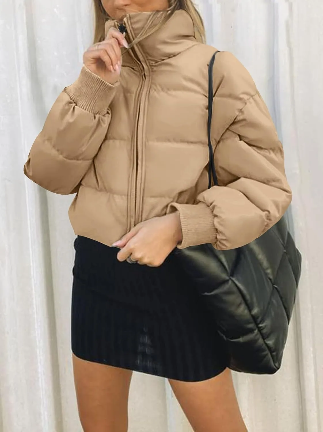 MEROKEETY Women's Winter Cropped Puffer Jacket Long Sleeve Oversized Stand Collar Zip-Up Short Coat