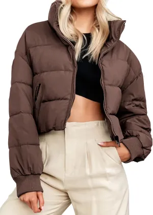 MEROKEETY Women's Winter Cropped Puffer Jacket Long Sleeve Oversized Stand Collar Zip-Up Short Coat