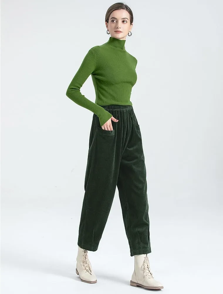 Minibee Women's Corduroy Baggy Pants Elastic Waist Loose Harem Pant Cotton Wide Leg Trousers with Pockets