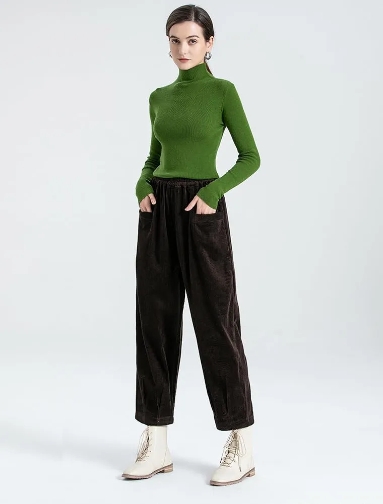 Minibee Women's Corduroy Baggy Pants Elastic Waist Loose Harem Pant Cotton Wide Leg Trousers with Pockets
