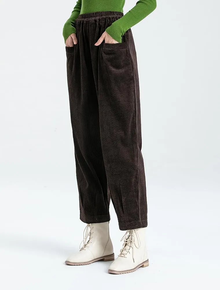 Minibee Women's Corduroy Baggy Pants Elastic Waist Loose Harem Pant Cotton Wide Leg Trousers with Pockets