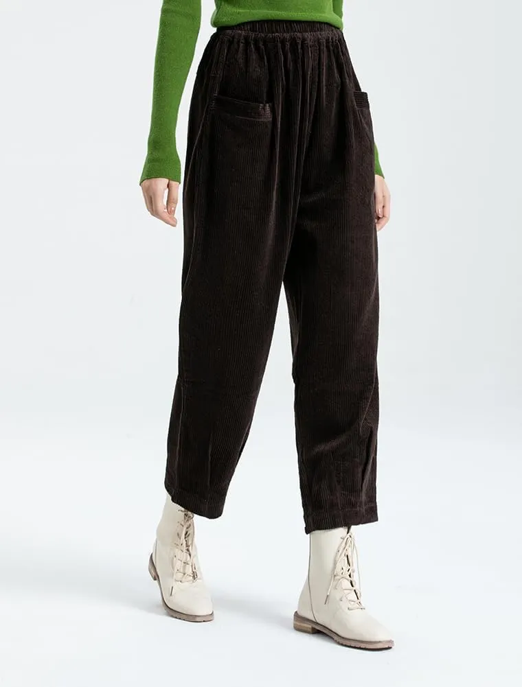 Minibee Women's Corduroy Baggy Pants Elastic Waist Loose Harem Pant Cotton Wide Leg Trousers with Pockets