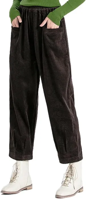 Minibee Women's Corduroy Baggy Pants Elastic Waist Loose Harem Pant Cotton Wide Leg Trousers with Pockets