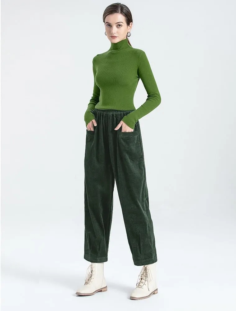 Minibee Women's Corduroy Baggy Pants Elastic Waist Loose Harem Pant Cotton Wide Leg Trousers with Pockets