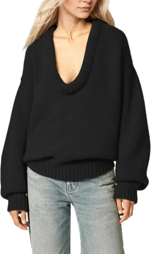 MISSACTIVER Women's Low Cut U Neck Oversized Sweater Casual Solid Long Sleeve Drop Shoulder 2024 Winter Pullover Jumper Tops