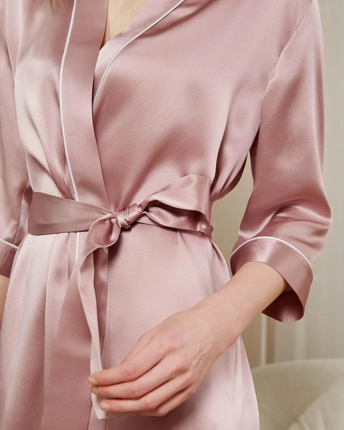 Mommesilk Silk Robe for Women Long Michelle Silk Knee Length Bathrobe Piping Silk Kimono Night Silk Sleepwear